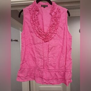 For Cynthia Vibrant Pink Linen Ruffle V-Neck Blouse With Call-out